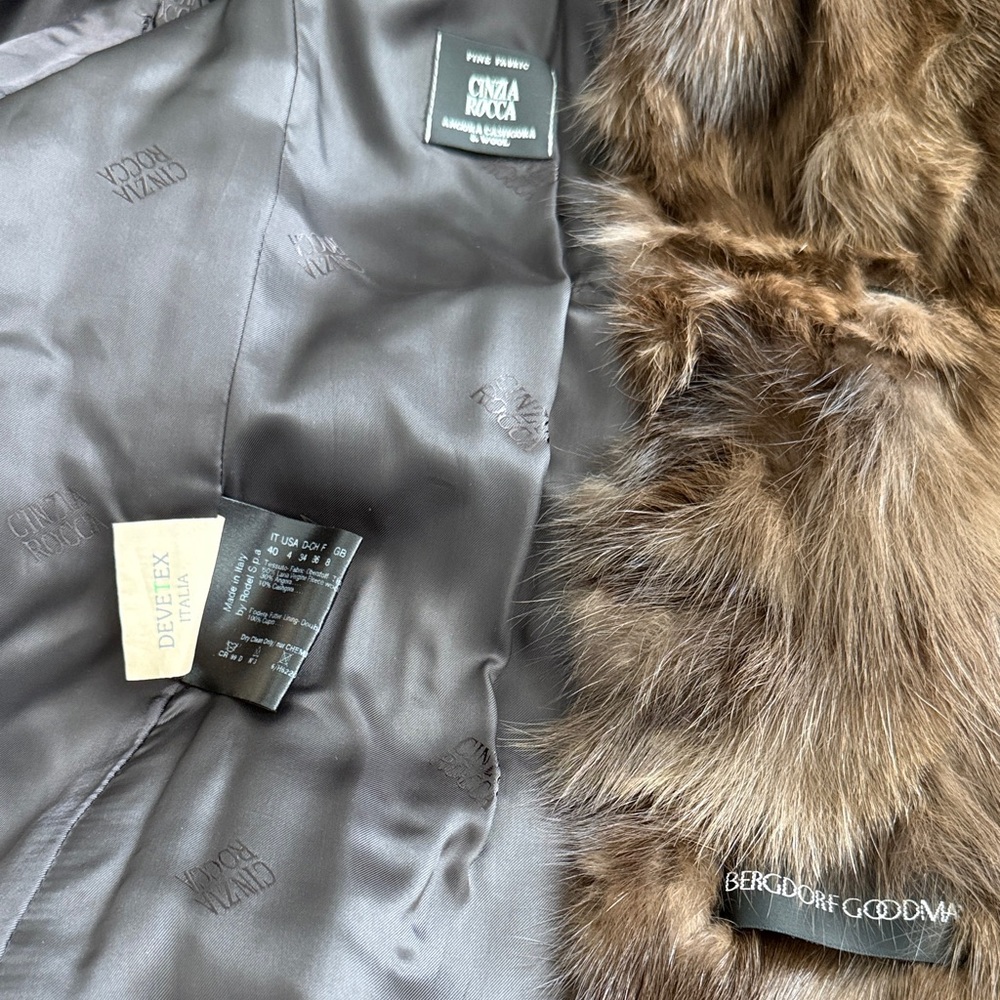 Cinzia Rocca Black Cashmere/Angora Wrap Coat with Brown Sable Fur Collar/Hood - Picture 7 of 10